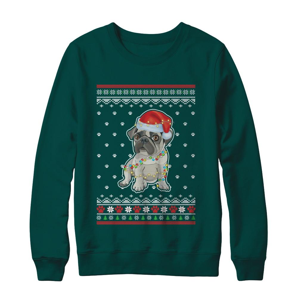 Pug Christmas Ugly Sweater Lights Dog Xmas Gift-T-Shirt & Sweatshirt-Crewneck Sweatshirt-Deep Forest