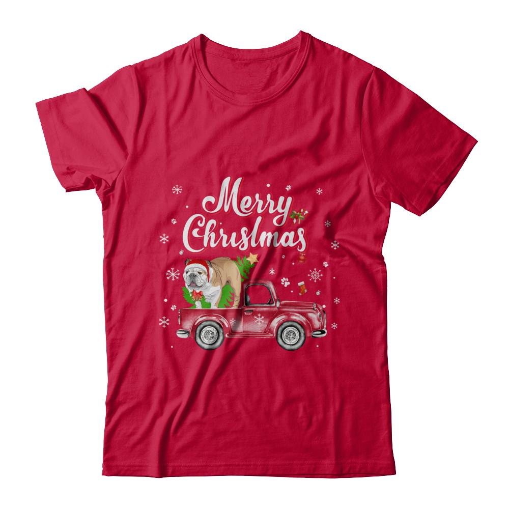 Bulldog Retriever Rides Red Truck Christmas Pajama-T-Shirt & Sweatshirt-Classic T-Shirt-Red