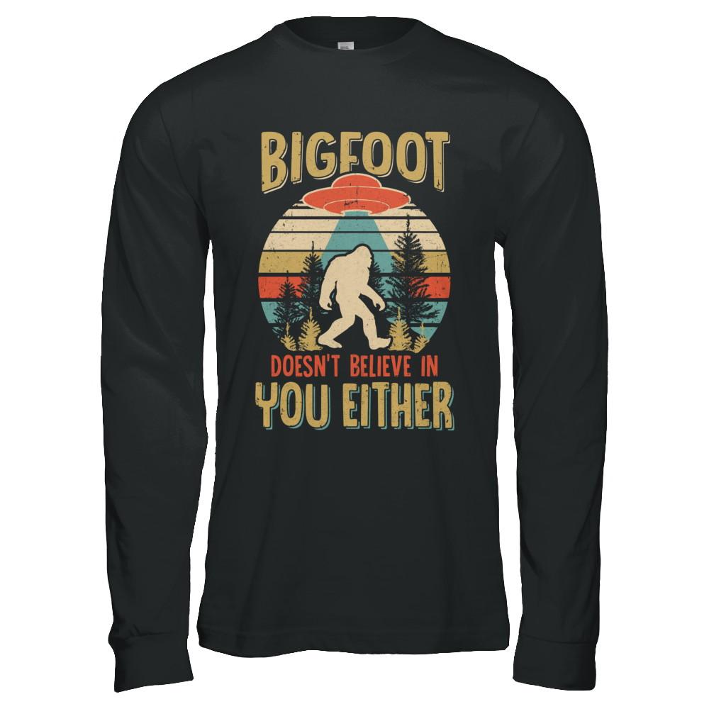 Retro Bigfoot Doesn't Believe In You Either UFO-T-Shirt & Hoodie-Long Sleeve T-Shirt-Black