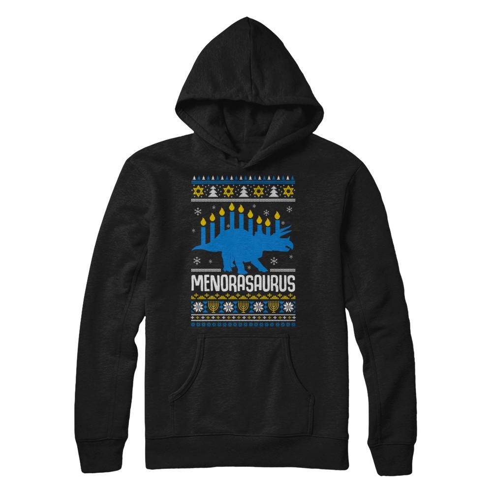 Funny Ugly Hanukkah Dinosaur Menorasaurus Sweater-T-Shirt & Sweatshirt-Pullover Hoodie-Black
