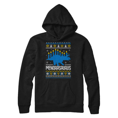 Funny Ugly Hanukkah Dinosaur Menorasaurus Sweater-T-Shirt & Sweatshirt-Pullover Hoodie-Black