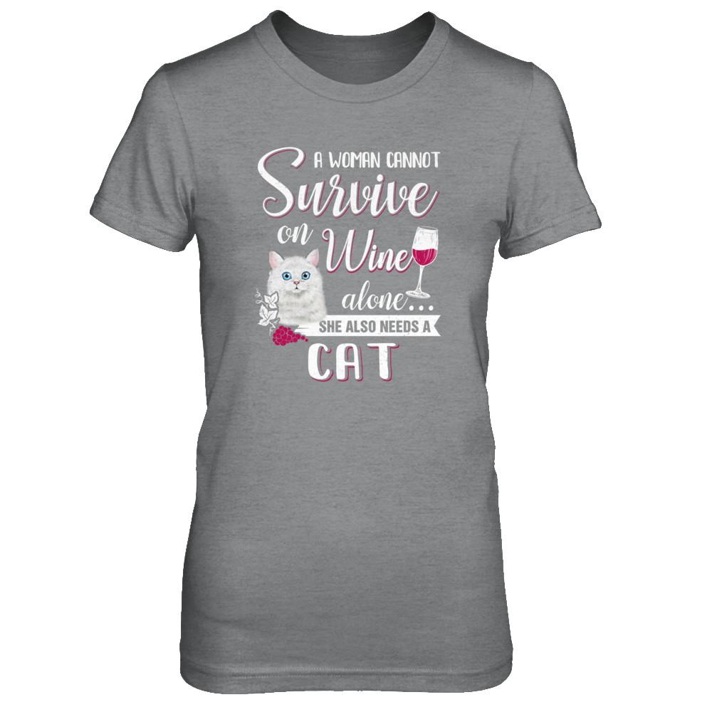 A Woman Can't Survive On Wine Alone Cat-T-Shirt & Tank Top-Women's T-Shirt-Sport Grey