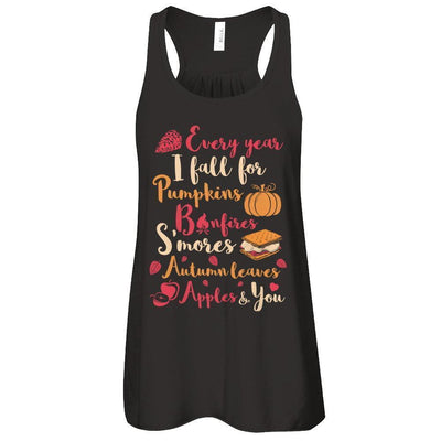 Every Year I Fall For Pumpkins Bonfires S'mores Autumn-T-Shirt & Tank Top-Women's Flowy Racerback Tank-Black