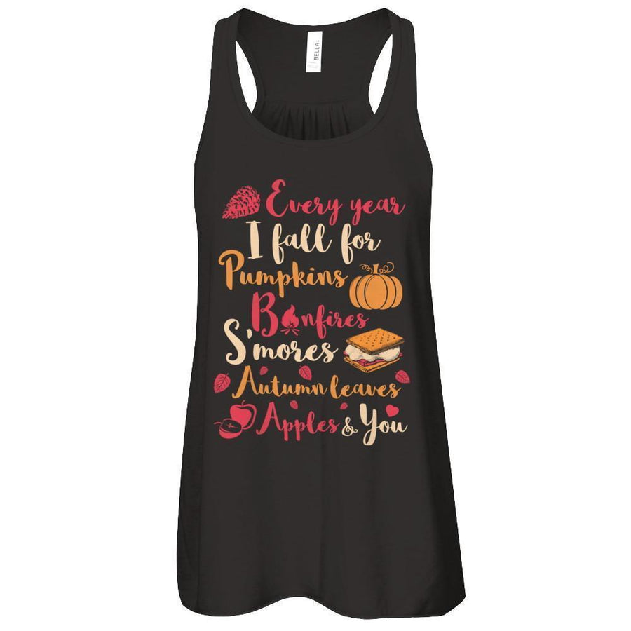 Every Year I Fall For Pumpkins Bonfires S'mores Autumn-T-Shirt & Tank Top-Women's Flowy Racerback Tank-Black