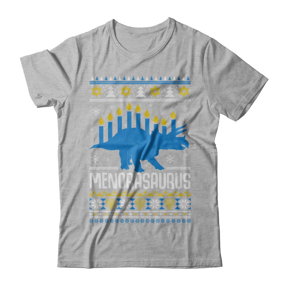 Funny Ugly Hanukkah Dinosaur Menorasaurus Sweater-T-Shirt & Sweatshirt-Premium T-Shirt-Heather Gray