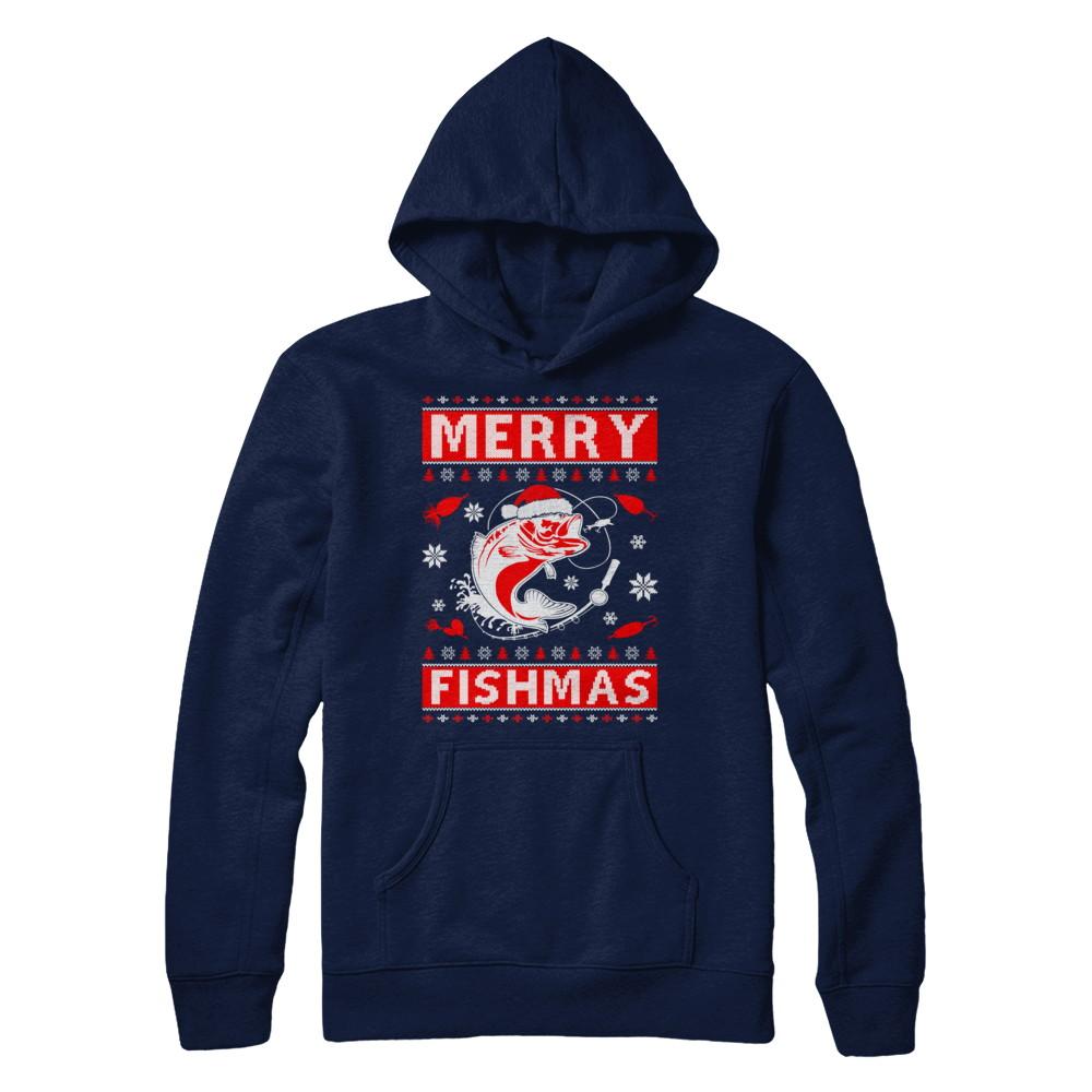 Merry Fishmas Fishing Fish Christmas Sweater-T-Shirt & Sweatshirt-Pullover Hoodie-Navy
