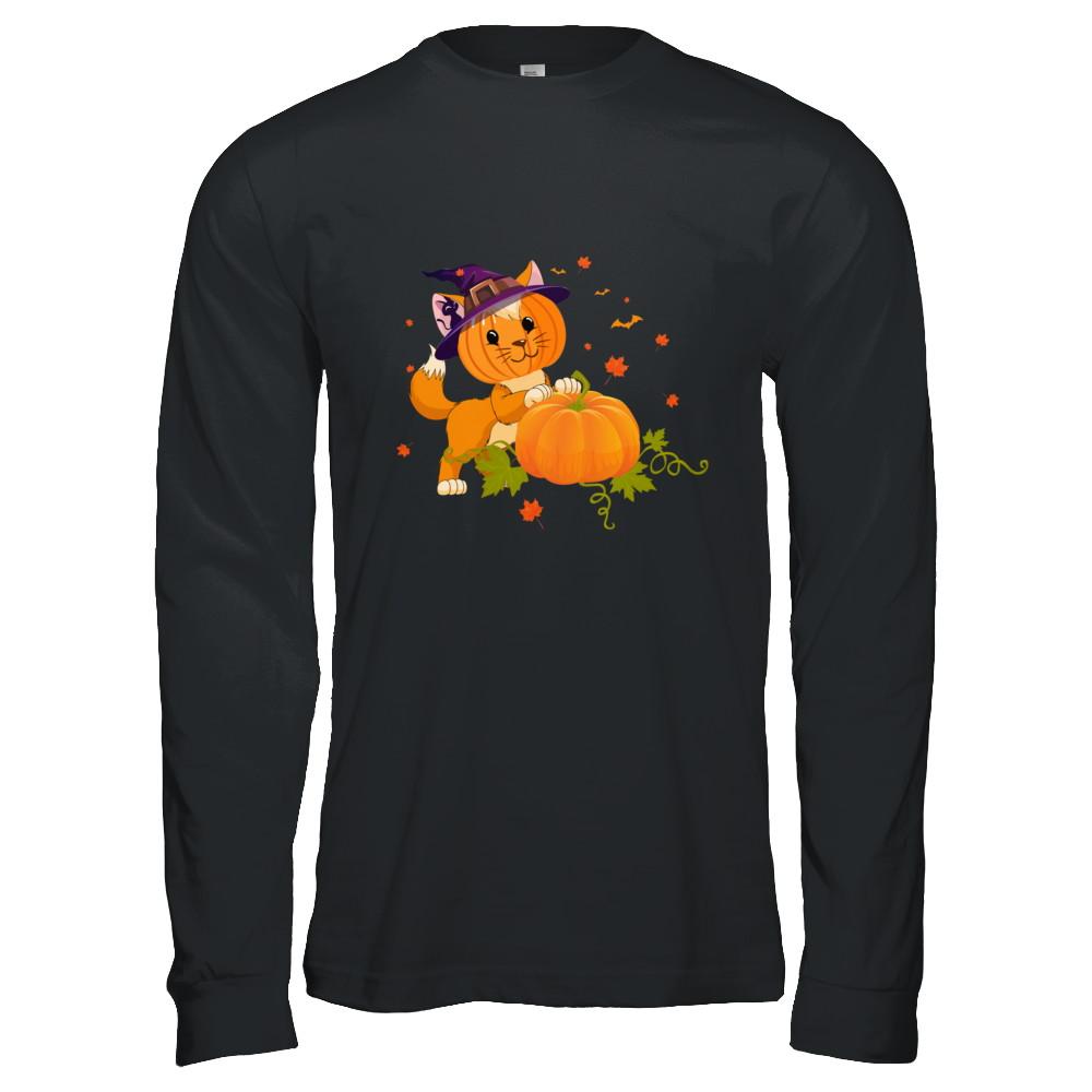 Funny Halloween Cat Pumpkin Costume-T-Shirt & Hoodie-Long Sleeve T-Shirt-Black