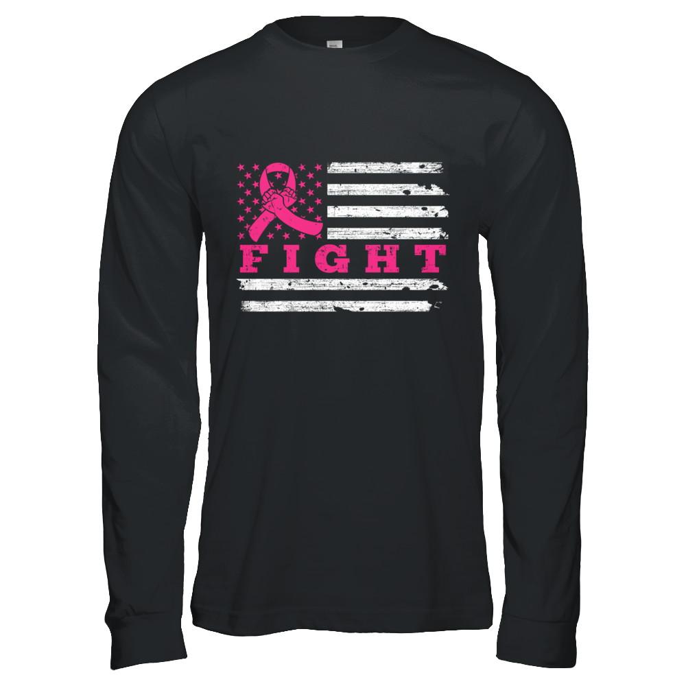 Fight Pink Ribbon US Flag Breast Cancer Awareness-T-Shirt & Hoodie-Long Sleeve T-Shirt-Black