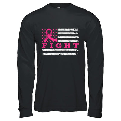 Fight Pink Ribbon US Flag Breast Cancer Awareness-T-Shirt & Hoodie-Long Sleeve T-Shirt-Black