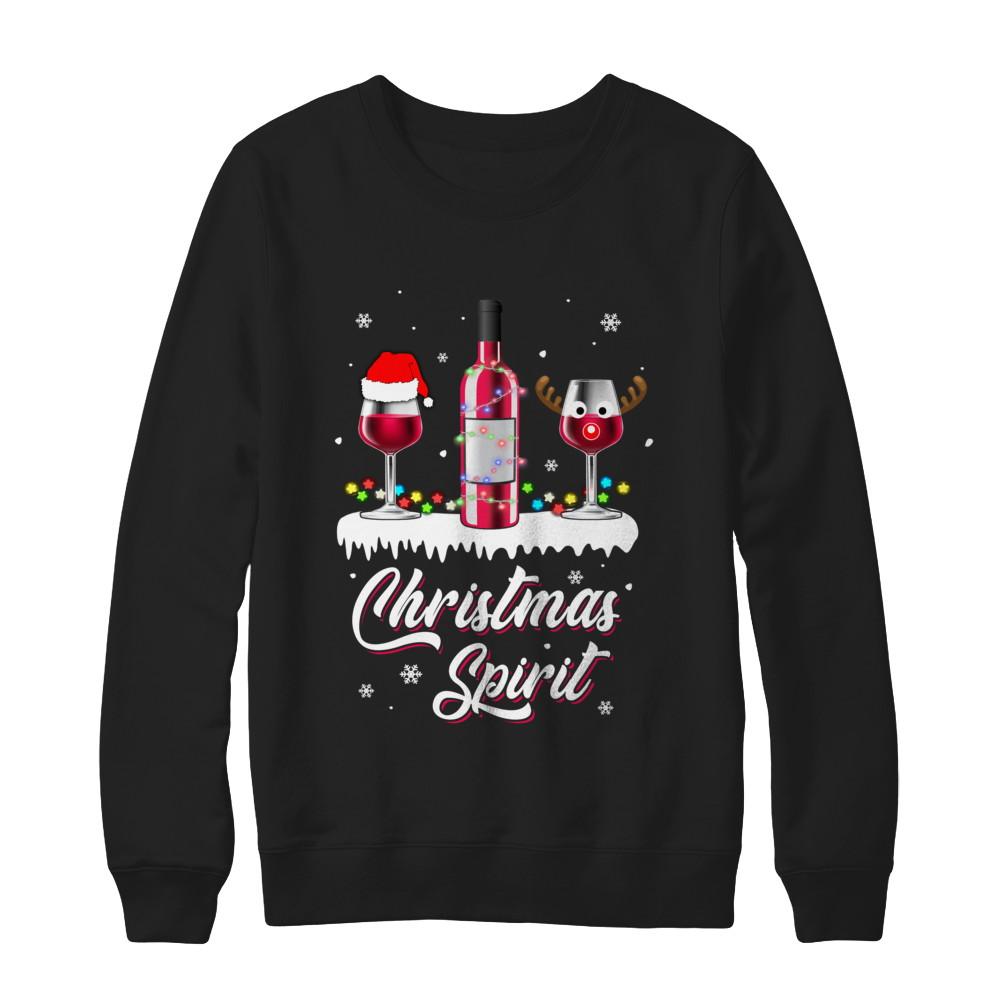 Christmas Spirits Santa Hat Wine Funny Christmas Gifts-T-Shirt & Sweatshirt-Crewneck Sweatshirt-Black