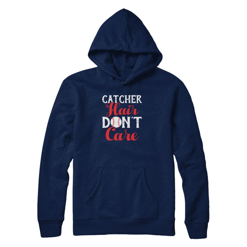 Catcher Hair Don't Care Baseball-T-Shirt & Tank Top-Pullover Hoodie-Navy