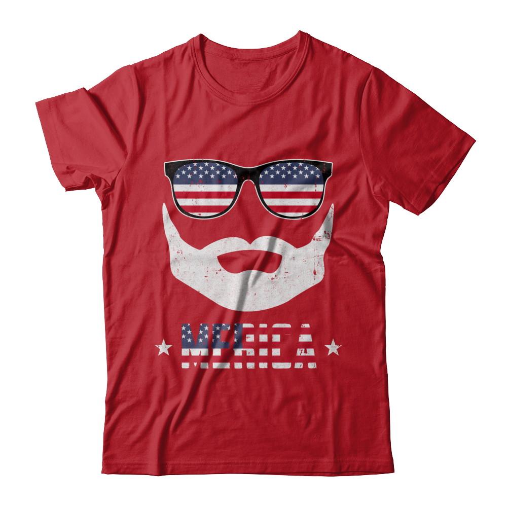 4th of July MERICA America Flag Mustache Dad Bearded-T-Shirt & Hoodie-Classic T-Shirt-Red