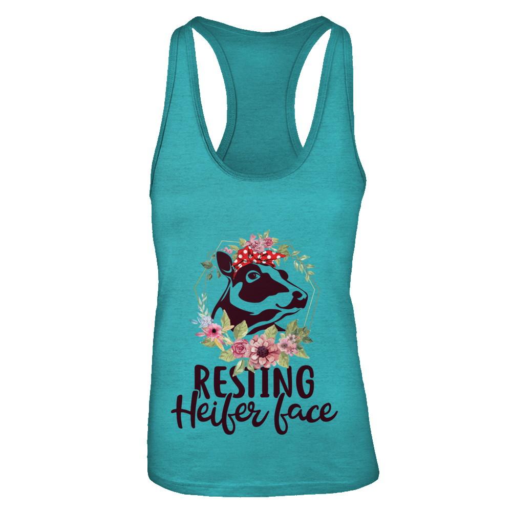 Funny Farmer Women Girl Cow Resting Heifer Face-T-Shirt & Tank Top-Women's Ideal Racerback Tank-Tahiti Blue