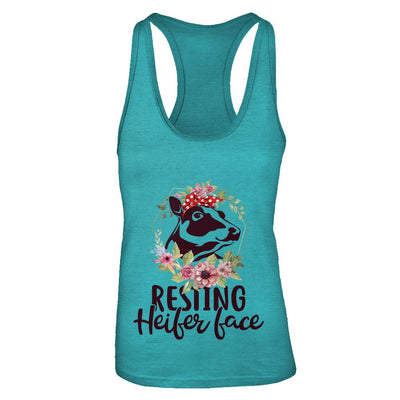 Funny Farmer Women Girl Cow Resting Heifer Face-T-Shirt & Tank Top-Women's Ideal Racerback Tank-Tahiti Blue