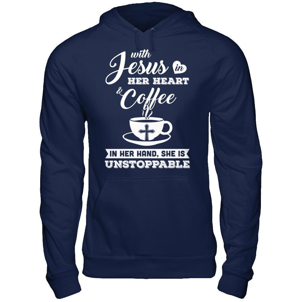With Jesus In Her Heart And Coffee In Her Hand-T-Shirt & Hoodie-Pullover Hoodie-Navy