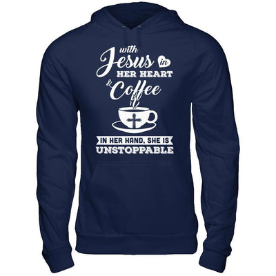 With Jesus In Her Heart And Coffee In Her Hand-T-Shirt & Hoodie-Pullover Hoodie-Navy