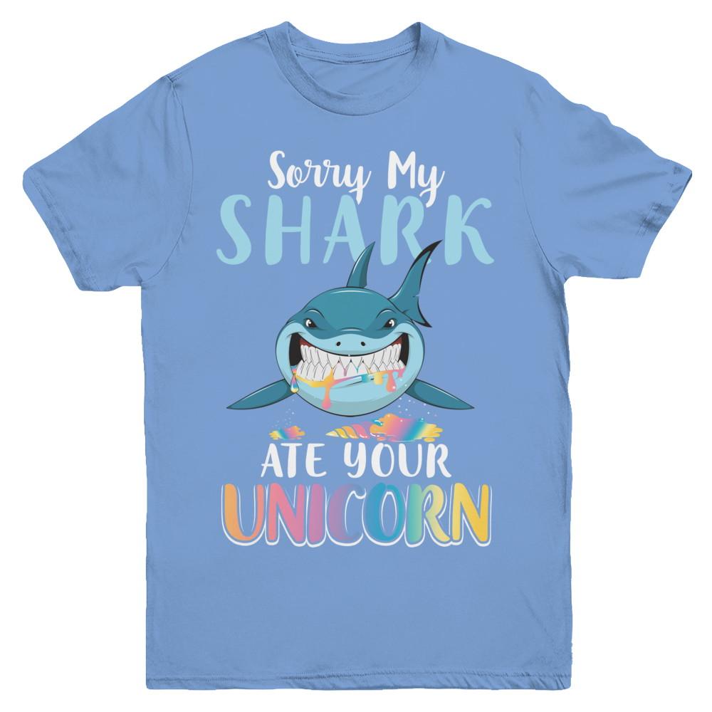 Sorry My Shark Ate Your Unicorn Funny Shark Youth-Youth Shirt-Youth T-Shirt-Carolina Blue