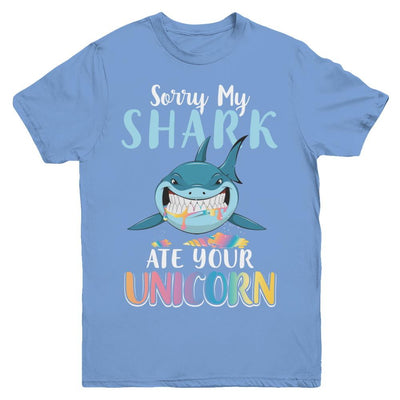 Sorry My Shark Ate Your Unicorn Funny Shark Youth-Youth Shirt-Youth T-Shirt-Carolina Blue