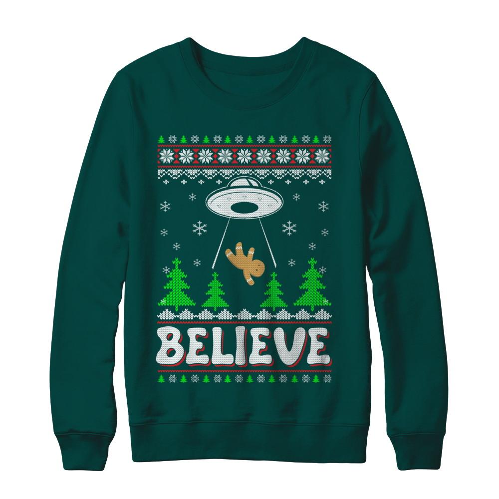 Believe UFO Gingerbread Ugly Christmas Sweater-T-Shirt & Sweatshirt-Crewneck Sweatshirt-Deep Forest