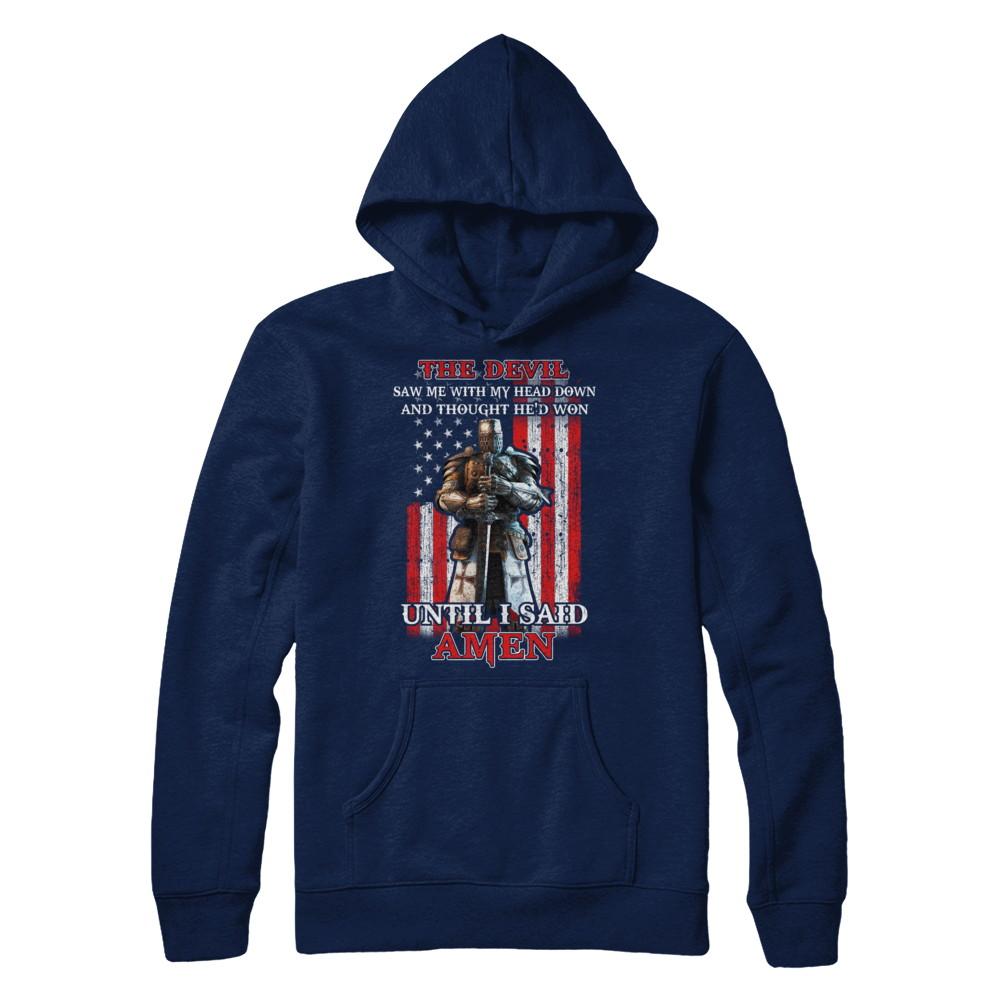 Knight American The Devil Saw Me With My Head Down Veteran-T-Shirt & Hoodie-Hanes - Heavyweight Pullover Hoodie-Navy
