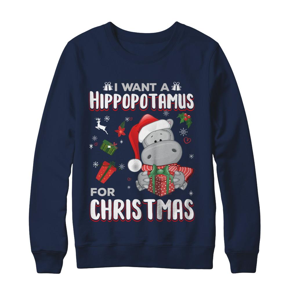 I Want A Hippopotamus For Christmas Hippo-T-Shirt & Sweatshirt-Crewneck Sweatshirt-Navy