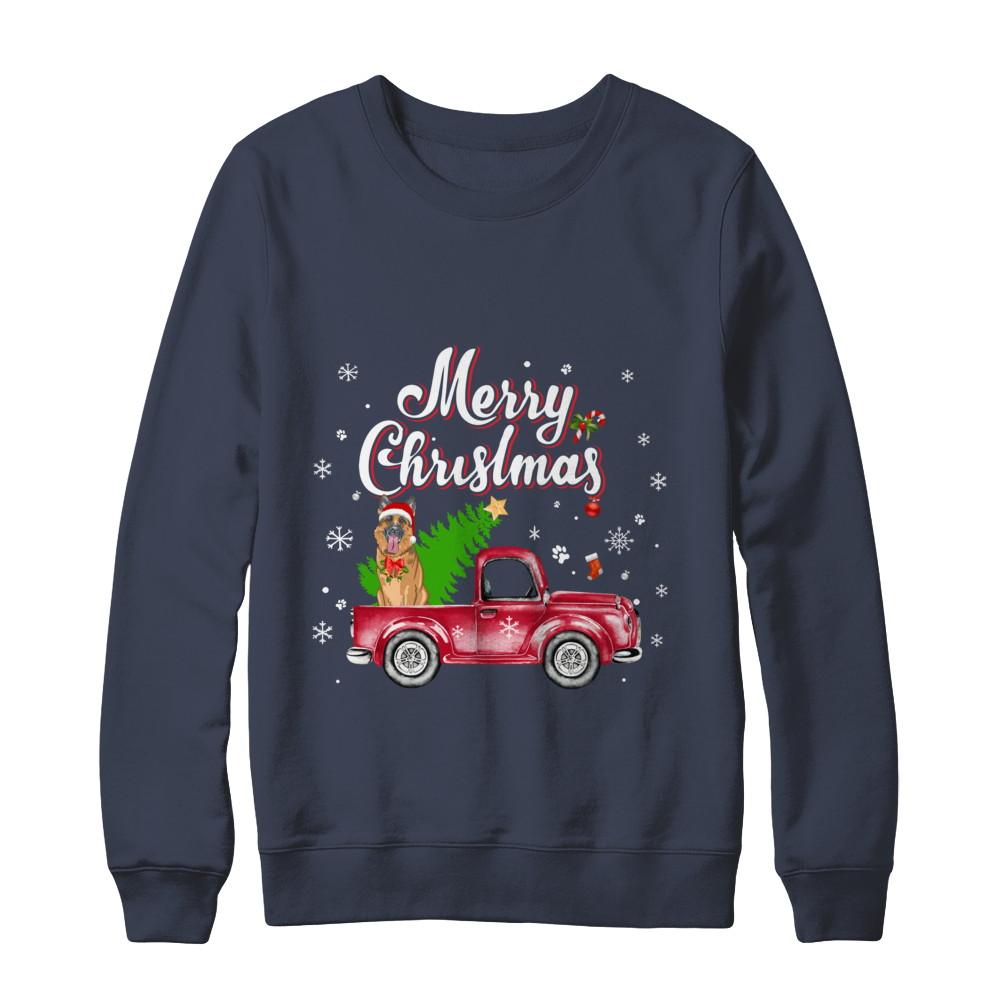 German Shepherd Retriever Rides Red Truck Christmas Pajama-T-Shirt & Sweatshirt-Crewneck Sweatshirt-Navy