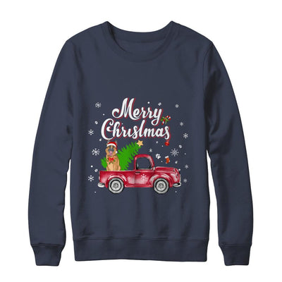 German Shepherd Retriever Rides Red Truck Christmas Pajama-T-Shirt & Sweatshirt-Crewneck Sweatshirt-Navy