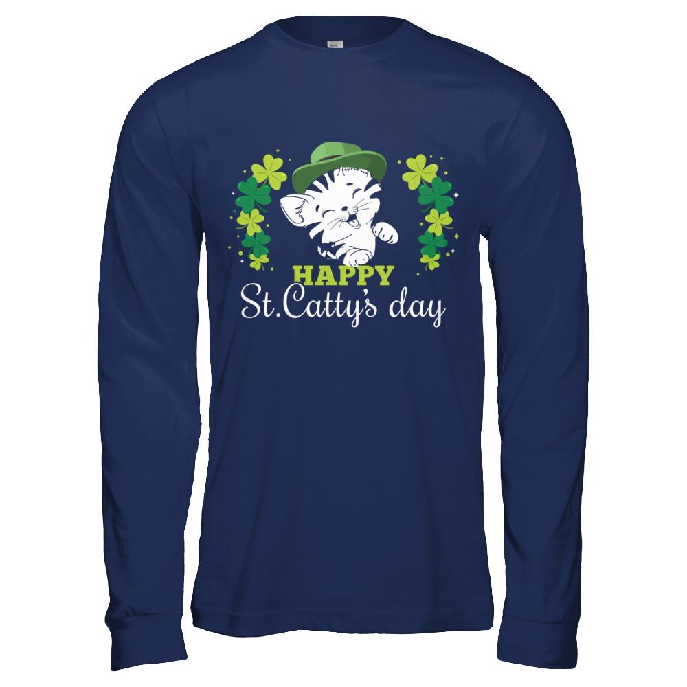 Happy St Catty's Day Saint Patrick's Day Cat-T-Shirt & Hoodie-Long Sleeve T-Shirt-Navy