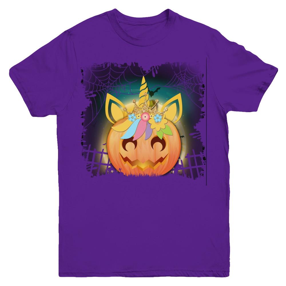 Kids Girls Unicorn Pumpkin Queen Halloween Youth-Youth Shirt-Youth T-Shirt-Purple