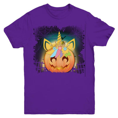 Kids Girls Unicorn Pumpkin Queen Halloween Youth-Youth Shirt-Youth T-Shirt-Purple