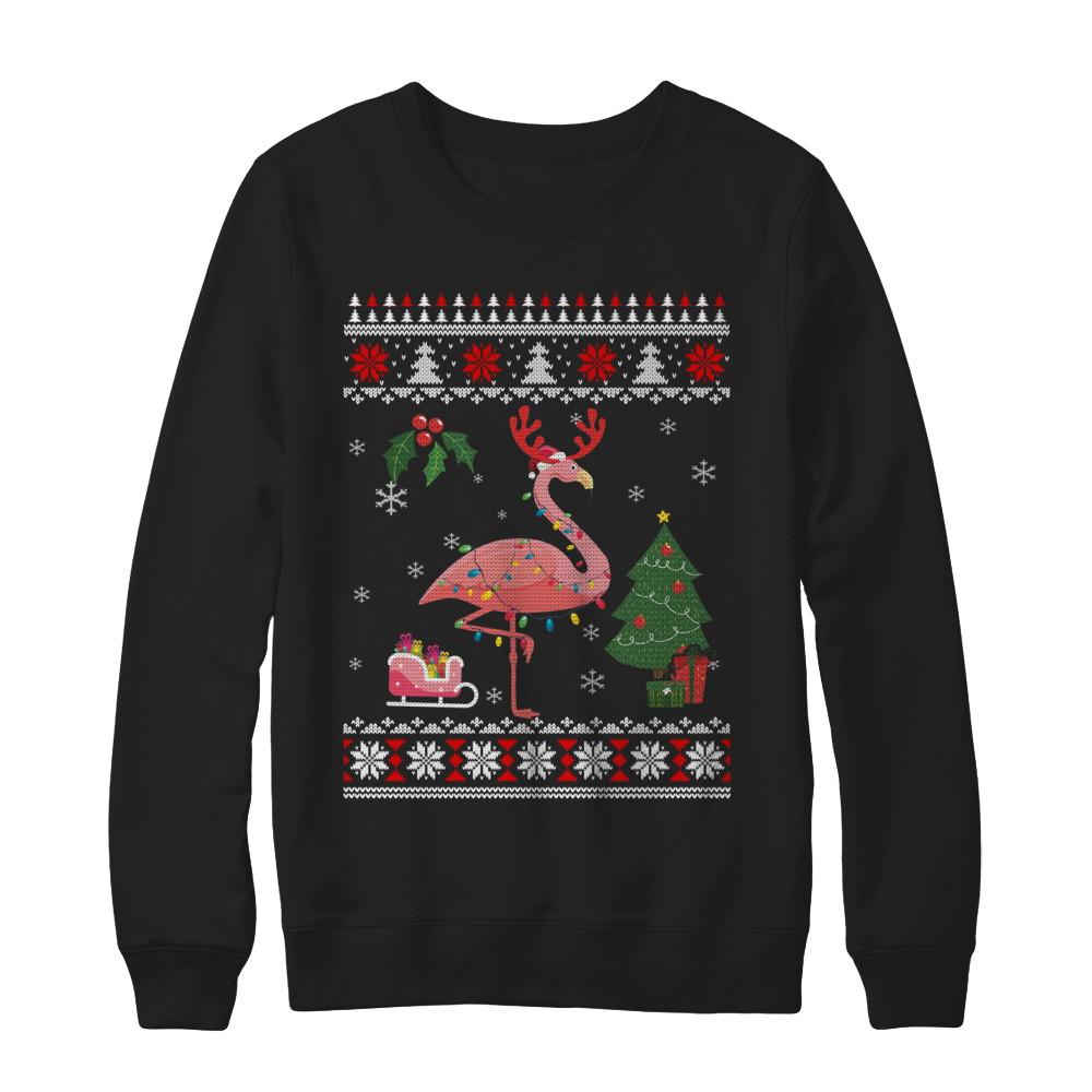 Santa Hat Flamingo Reindeer Ugly Christmas Sweater-T-Shirt & Sweatshirt-Crewneck Sweatshirt-Black