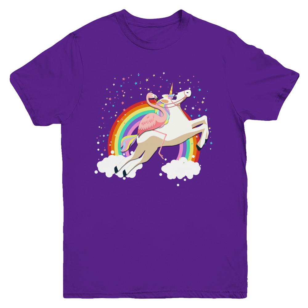 Flamingo Pink Bird Riding Unicorn Youth-Youth Shirt-Youth T-Shirt-Purple