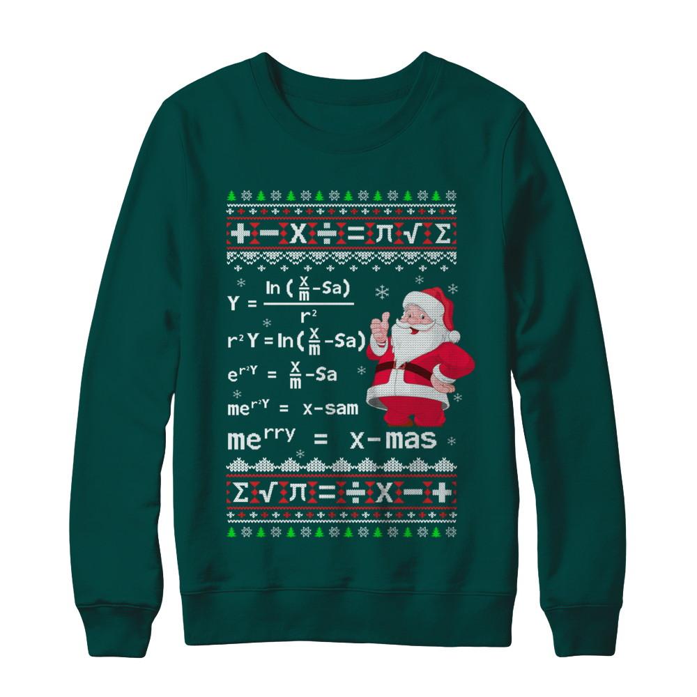 Funny Merry Xmas In Math Ugly Christmas Sweater-T-Shirt & Sweatshirt-Crewneck Sweatshirt-Deep Forest