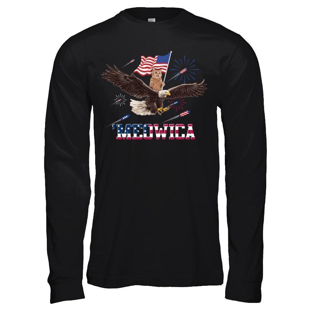 Meowica July 4Th Funny Cat On Eagle Independence Day-T-Shirt & Hoodie-Long Sleeve T-Shirt-Black