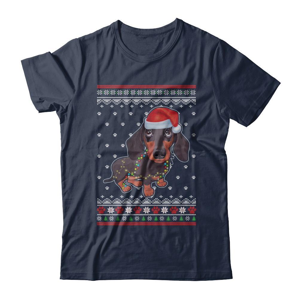 Dachshund Christmas Ugly Sweater Lights Dog Xmas Gift-T-Shirt & Sweatshirt-Classic T-Shirt-Navy
