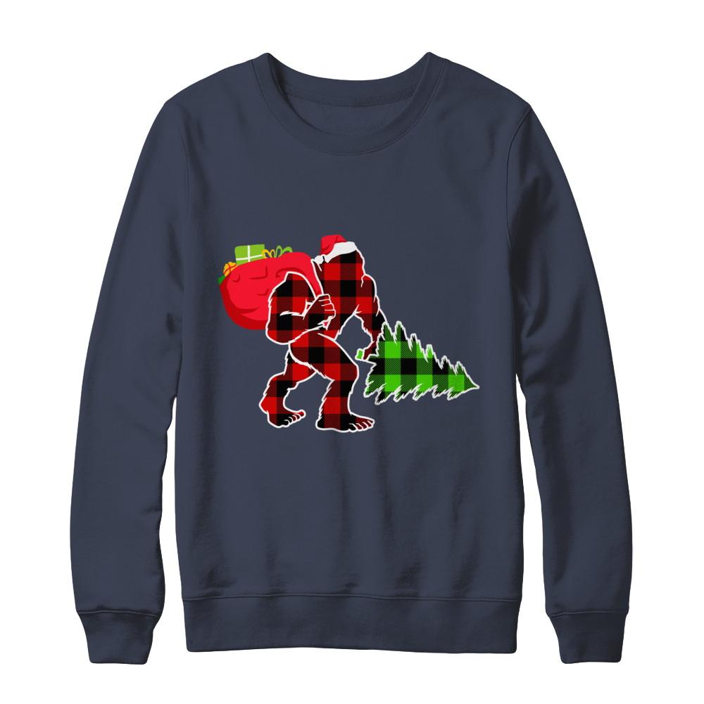 Red Plaid Bigfoot Christmas Buffalo Plaid-T-Shirt & Sweatshirt-Crewneck Sweatshirt-Navy
