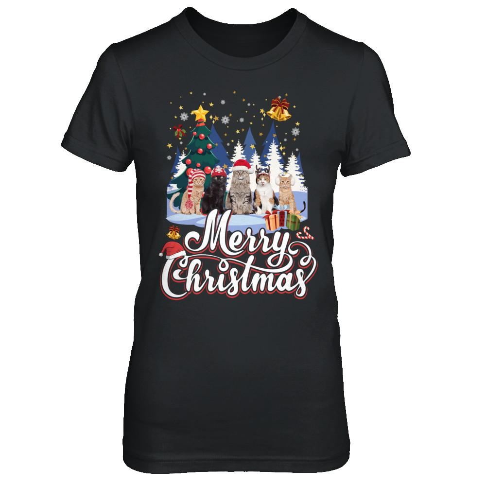 Merry Christmas Cat Women Girls Christmas Gift-T-Shirt & Sweatshirt-Women's T-Shirt-Black