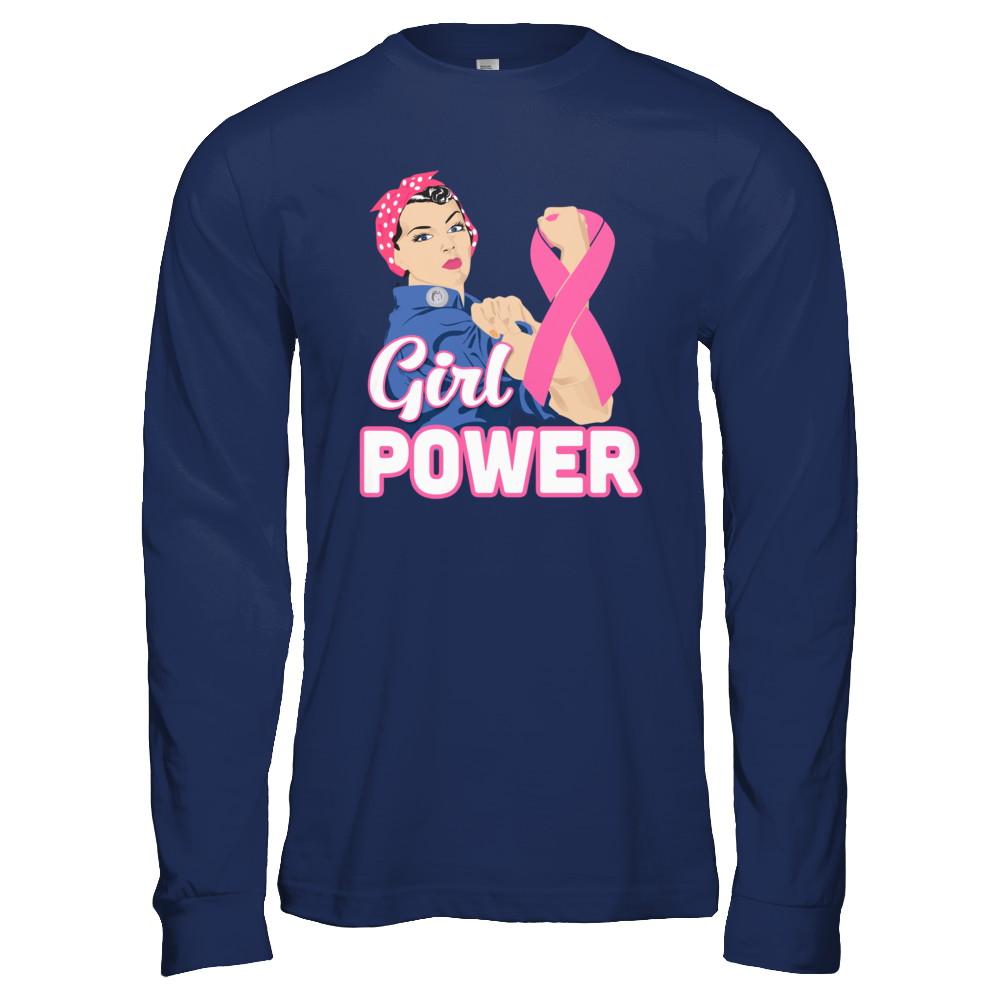 Girl Power Breast Cancer Awareness Month-T-Shirt & Hoodie-Long Sleeve T-Shirt-Navy