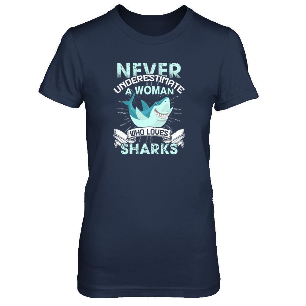 Never Underestimate A Woman Who Loves Shark-T-Shirt & Tank Top-Women's T-Shirt-Navy