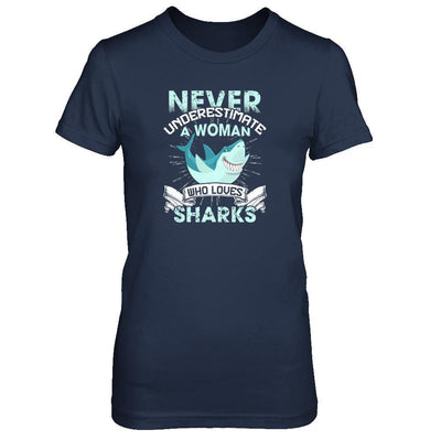 Never Underestimate A Woman Who Loves Shark-T-Shirt & Tank Top-Women's T-Shirt-Navy