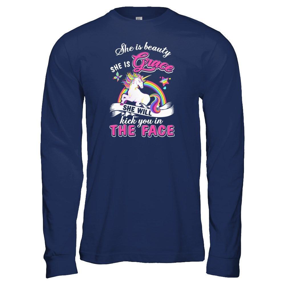 She Is Beauty She Is Grace She'll Kick You In The Face-T-Shirt & Tank Top-Long Sleeve T-Shirt-Navy
