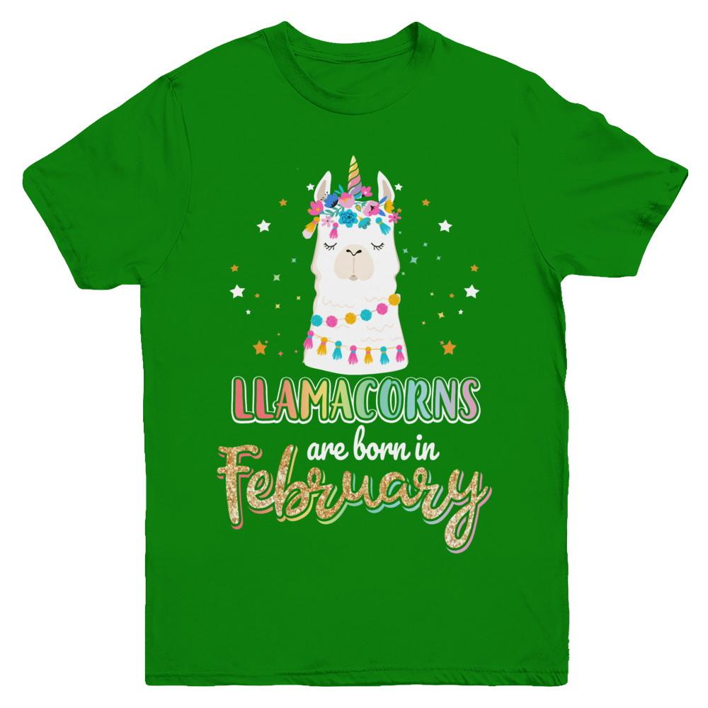 Llama Unicorn Llamacorns Born In February Birthday Gift Youth-Youth Shirt-Youth T-Shirt-Irish Green