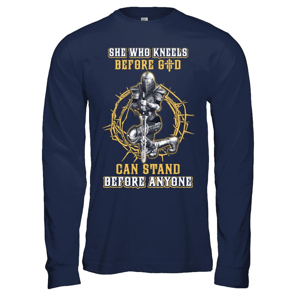 Knight American She Who Kneels Before God Can Stand Before Anyone-T-Shirt & Hoodie-Long Sleeve T-Shirt-Navy