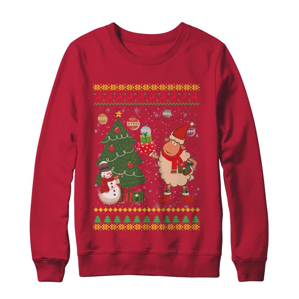 Funny Sheep Lamb Christmas Cute Family Ugly Sweater-T-Shirt & Sweatshirt-Crewneck Sweatshirt-Red