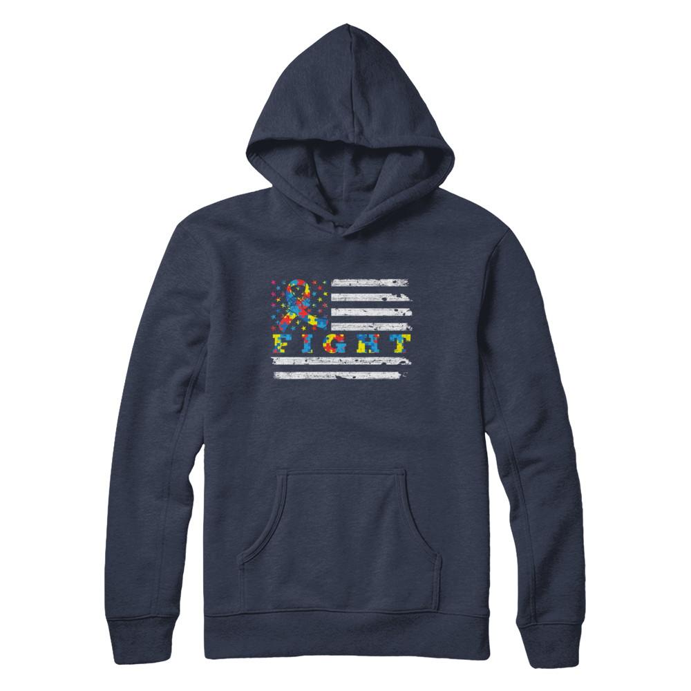 Fight Autism Ribbon US Flag Autism Awareness-T-Shirt & Hoodie-Pullover Hoodie-Navy