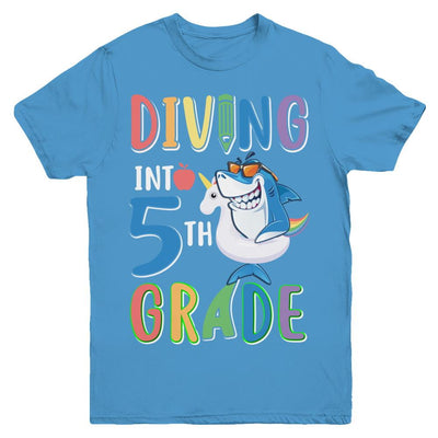 Diving Into 5th Grade Back To School Shark Youth-Youth Shirt-Youth T-Shirt-Carolina Blue