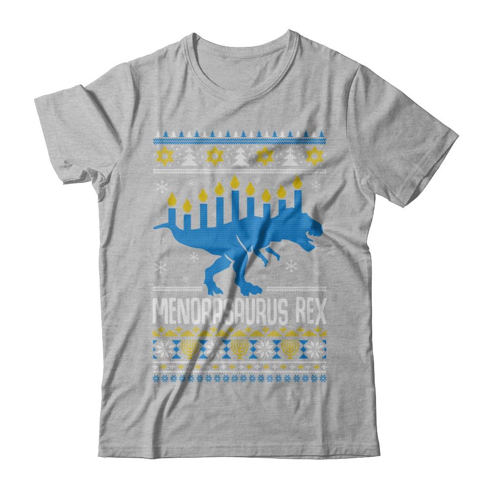 Funny Ugly Hanukkah Dinosaur T-Rex Menorasaurus Sweater-T-Shirt & Sweatshirt-Premium T-Shirt-Heather Gray