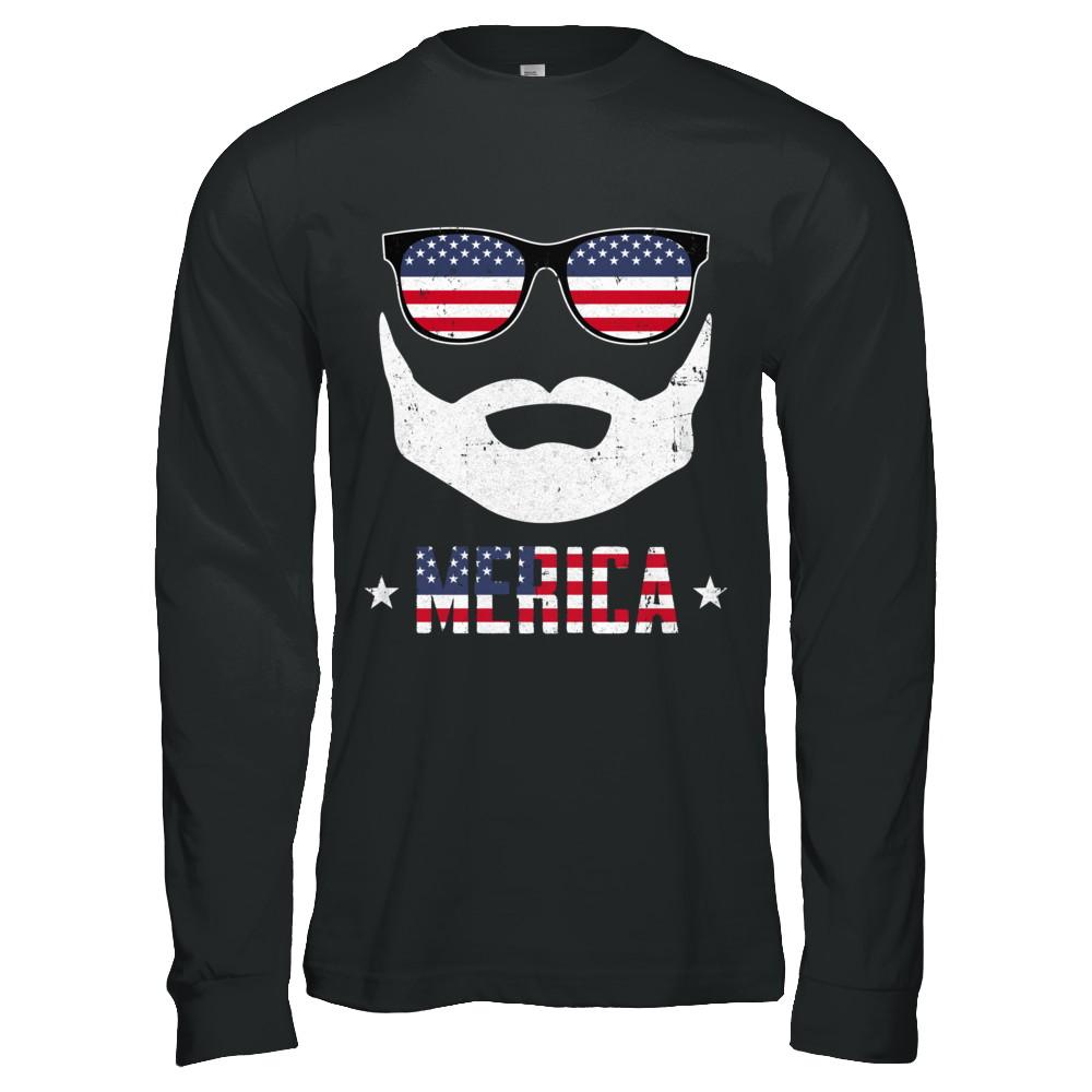 4th of July MERICA America Flag Mustache Dad Bearded-T-Shirt & Hoodie-Long Sleeve T-Shirt-Black