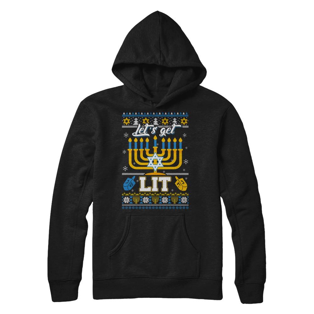 Funny Happy Hanukkah Chanukah Let's Get Lit Ugly Sweater-T-Shirt & Sweatshirt-Pullover Hoodie-Black