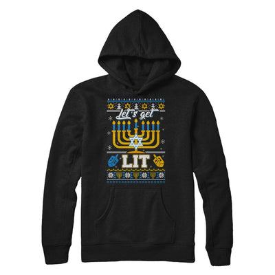 Funny Happy Hanukkah Chanukah Let's Get Lit Ugly Sweater-T-Shirt & Sweatshirt-Pullover Hoodie-Black